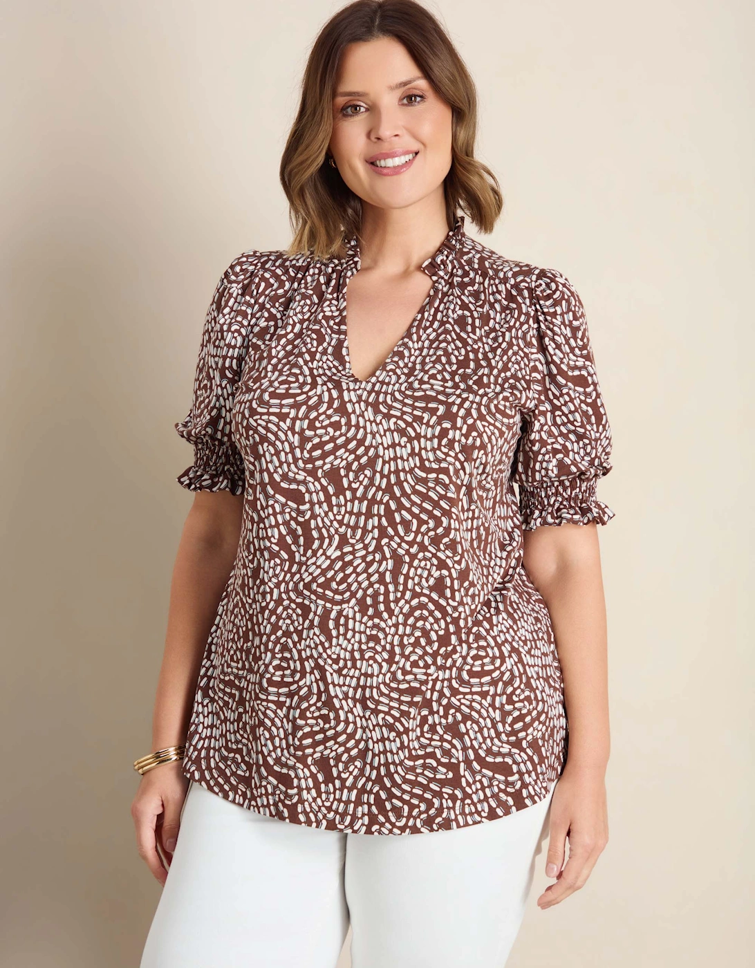 Brown Abstract Print Short Sleeve Jersey Top
