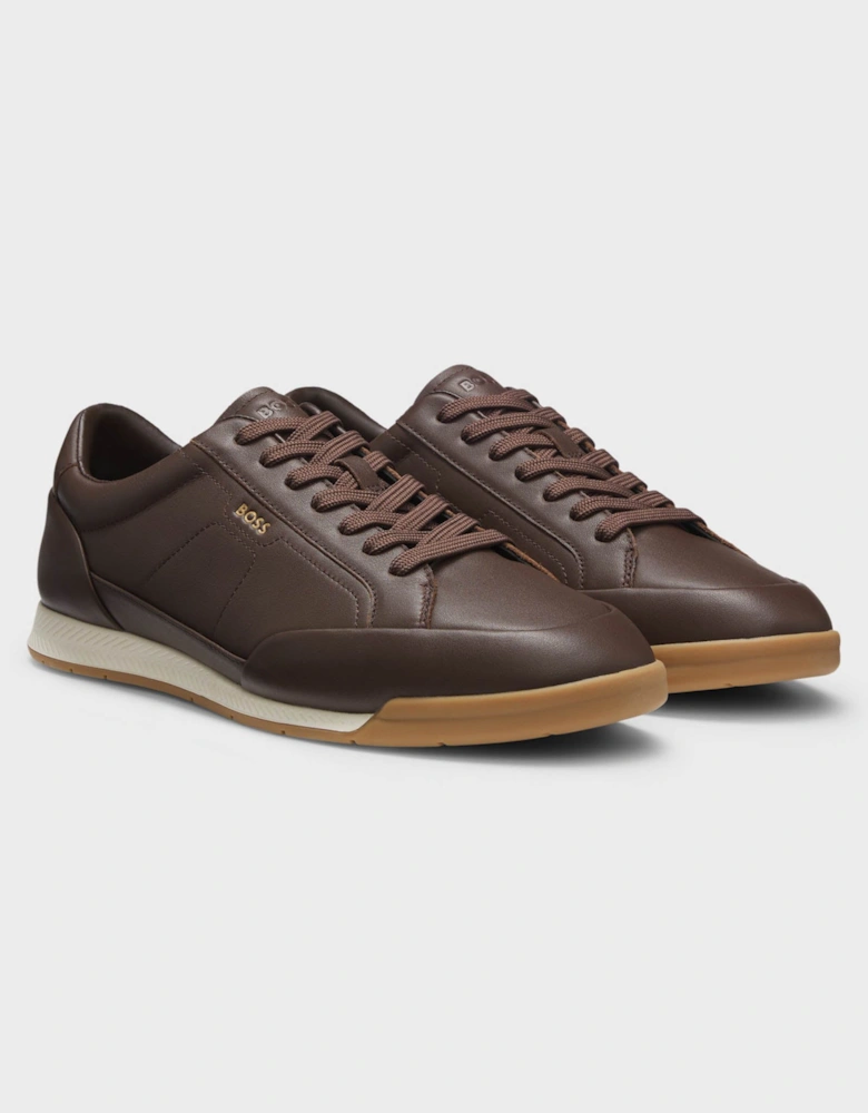 BOSS Orange Nitan Mens Leather Trainers with Foil Logo - Dark Brown 201