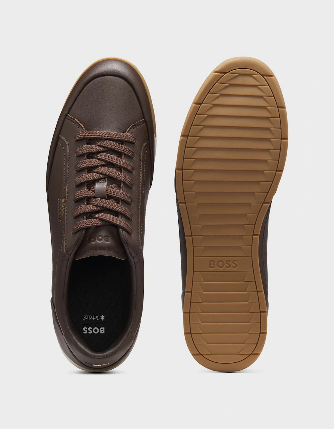 BOSS Orange Nitan Mens Leather Trainers with Foil Logo - Dark Brown 201