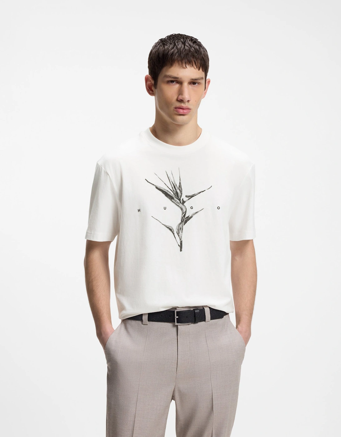 HUGO Darise Mens Relaxed-Fit T-Shirt with Artwork and Logo - Natural 102, 5 of 4