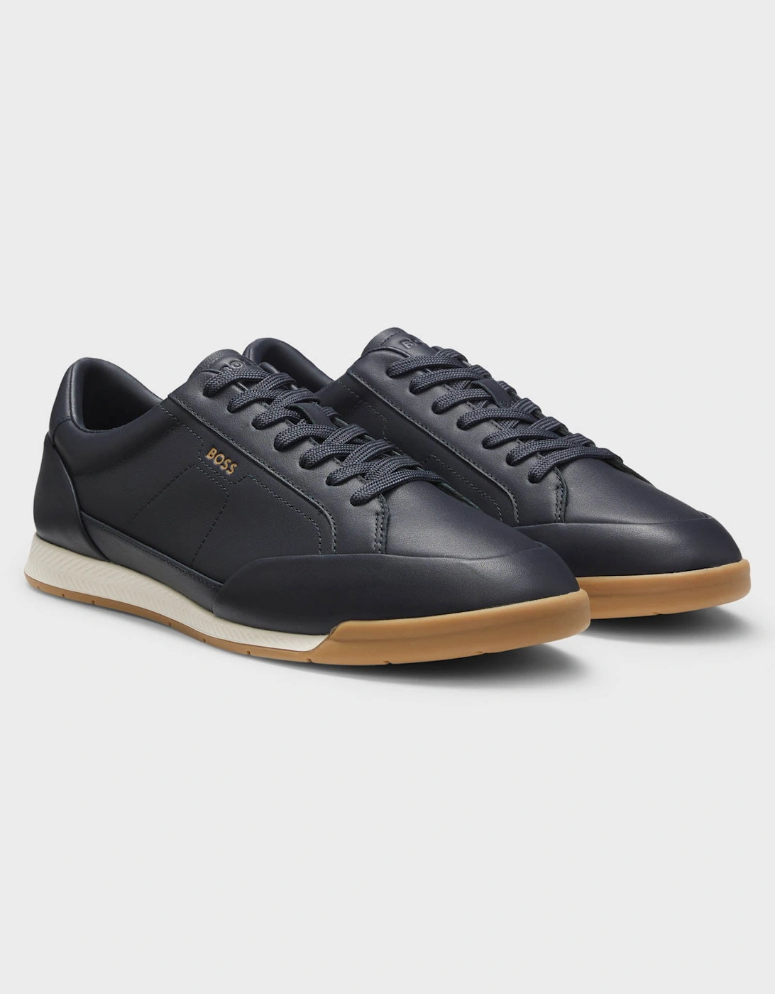 BOSS Orange Nitan Mens Leather Trainers with Foil Logo - Dark Blue 402