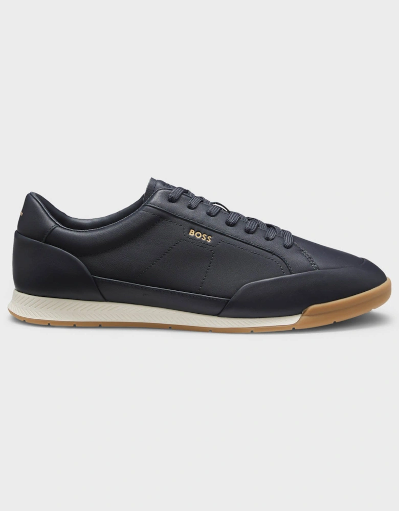 BOSS Orange Nitan Mens Leather Trainers with Foil Logo - Dark Blue 402