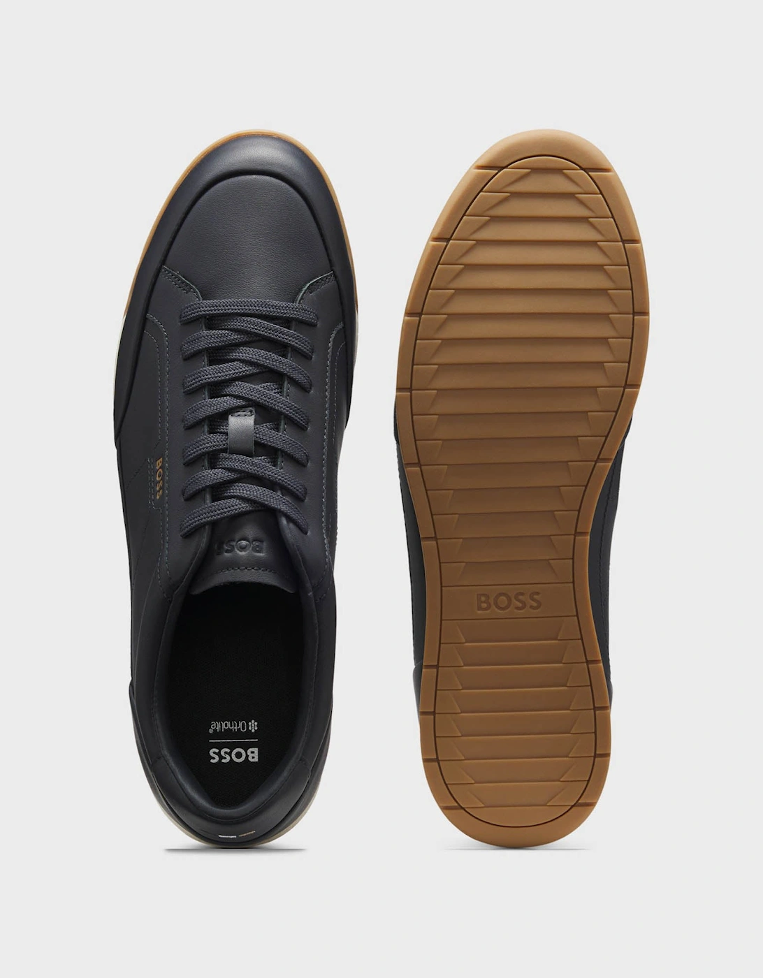 BOSS Orange Nitan Mens Leather Trainers with Foil Logo - Dark Blue 402