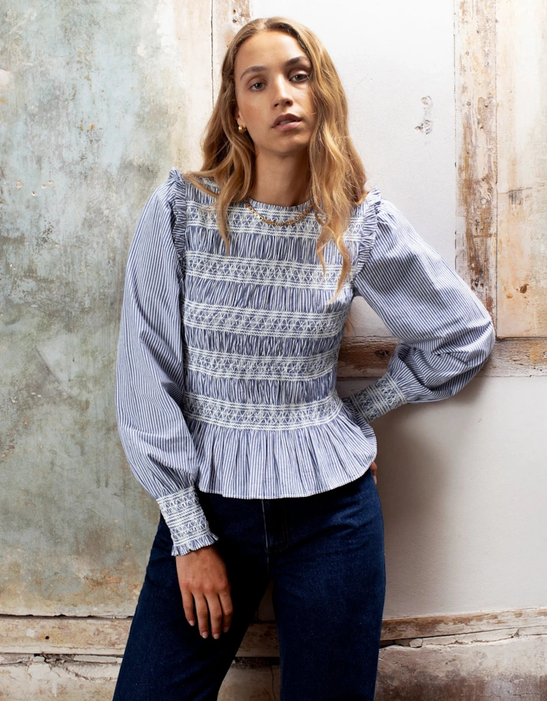 Shirred Embroidered Striped Cotton Blouse