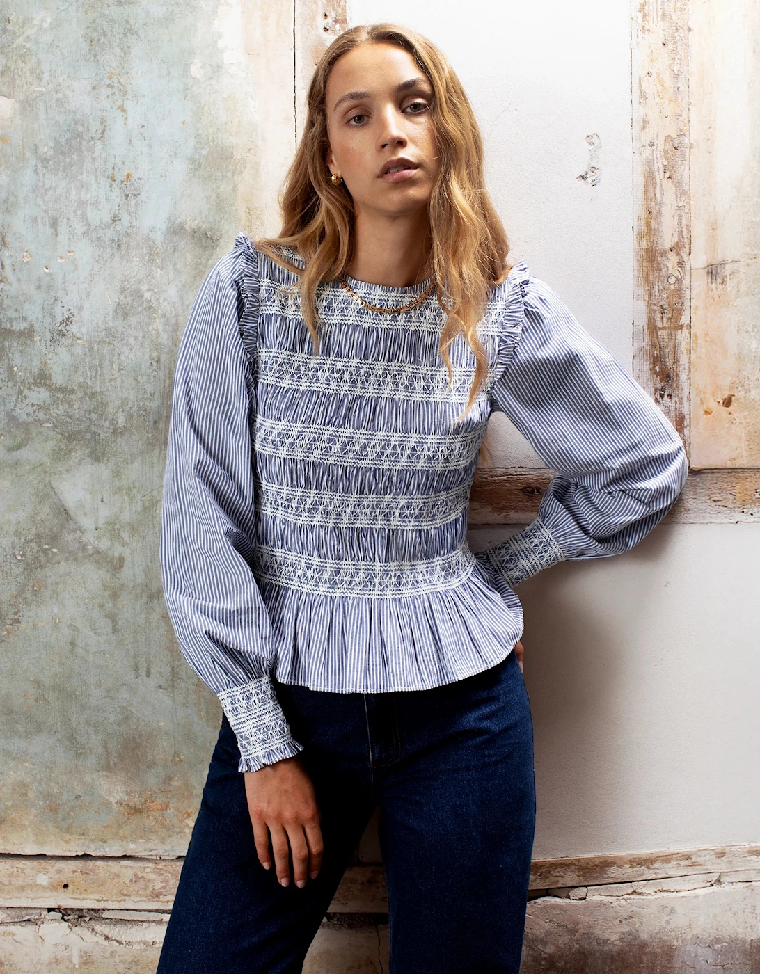 Shirred Embroidered Striped Cotton Blouse