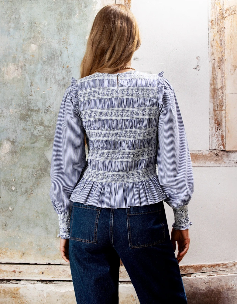 Shirred Embroidered Striped Cotton Blouse