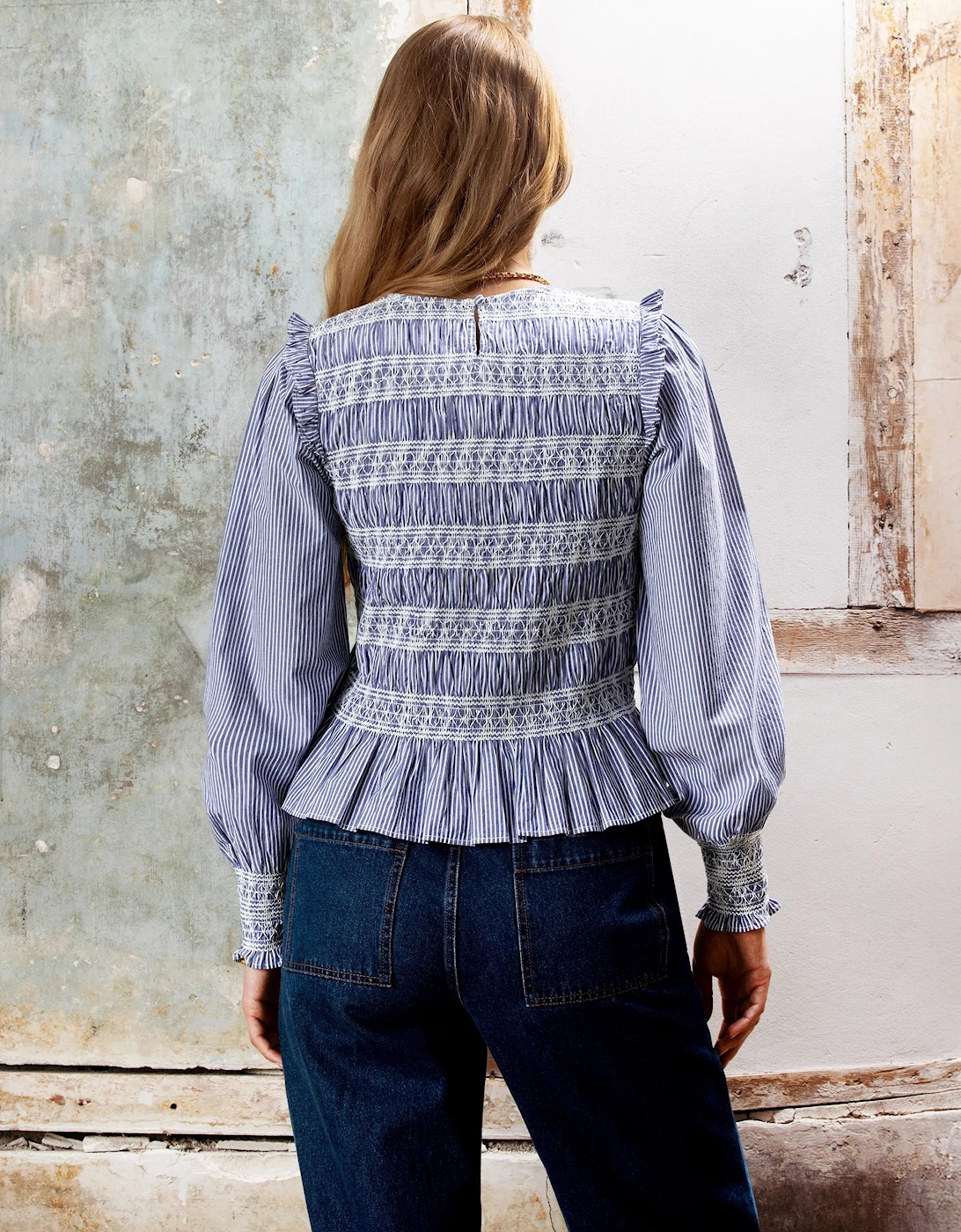 Shirred Embroidered Striped Cotton Blouse