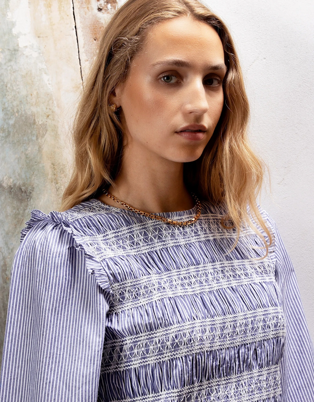 Shirred Embroidered Striped Cotton Blouse