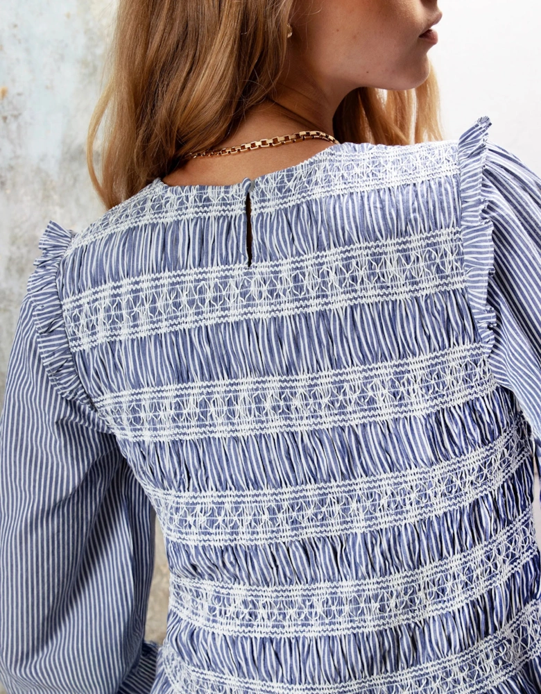 Shirred Embroidered Striped Cotton Blouse