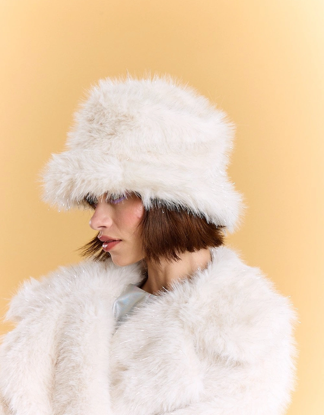 Cream Sparkle Metallic Bamboo Faux Fur Bucket Hat