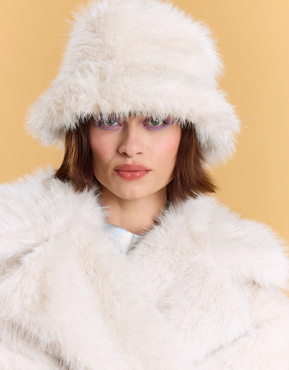 Cream Sparkle Metallic Bamboo Faux Fur Bucket Hat