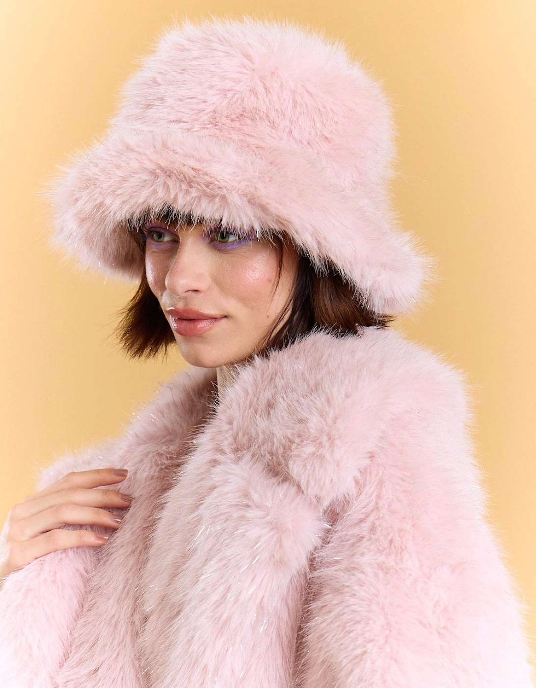 Pink Sparkle Metallic Bamboo Faux Fur Bucket Hat