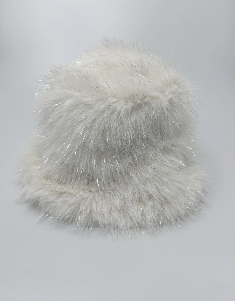 Cream Sparkle Metallic Bamboo Faux Fur Bucket Hat