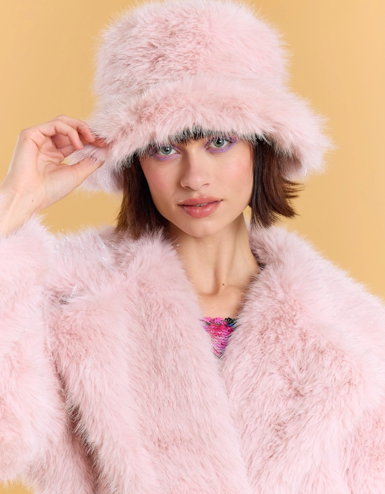 Pink Sparkle Metallic Bamboo Faux Fur Bucket Hat