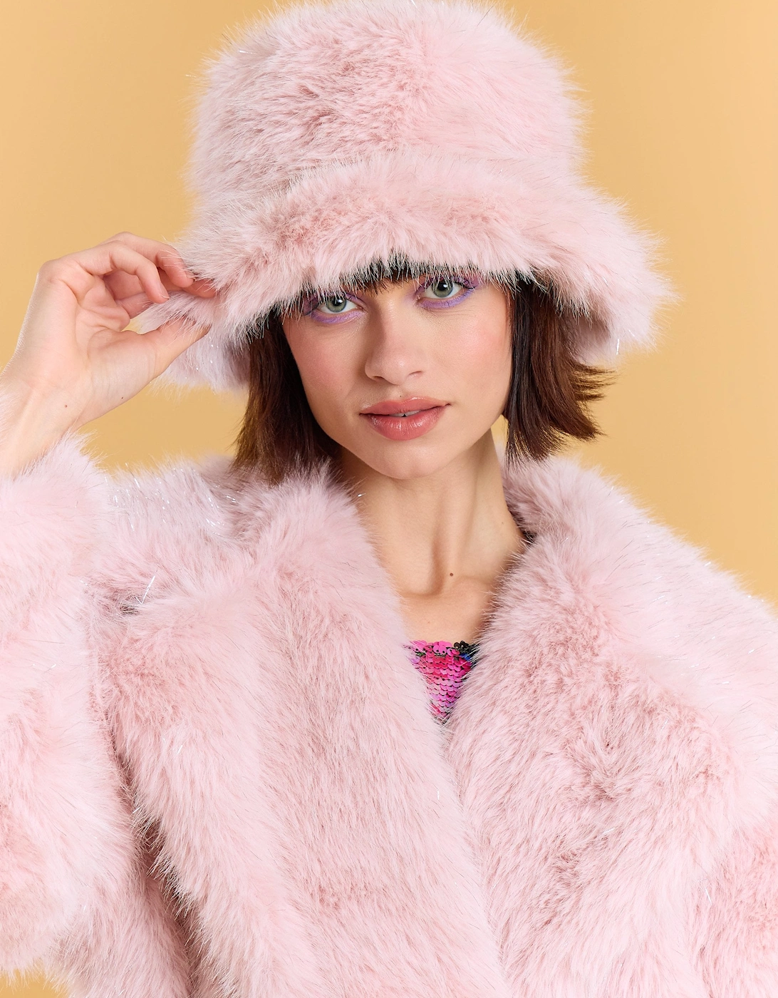 Pink Sparkle Metallic Bamboo Faux Fur Bucket Hat