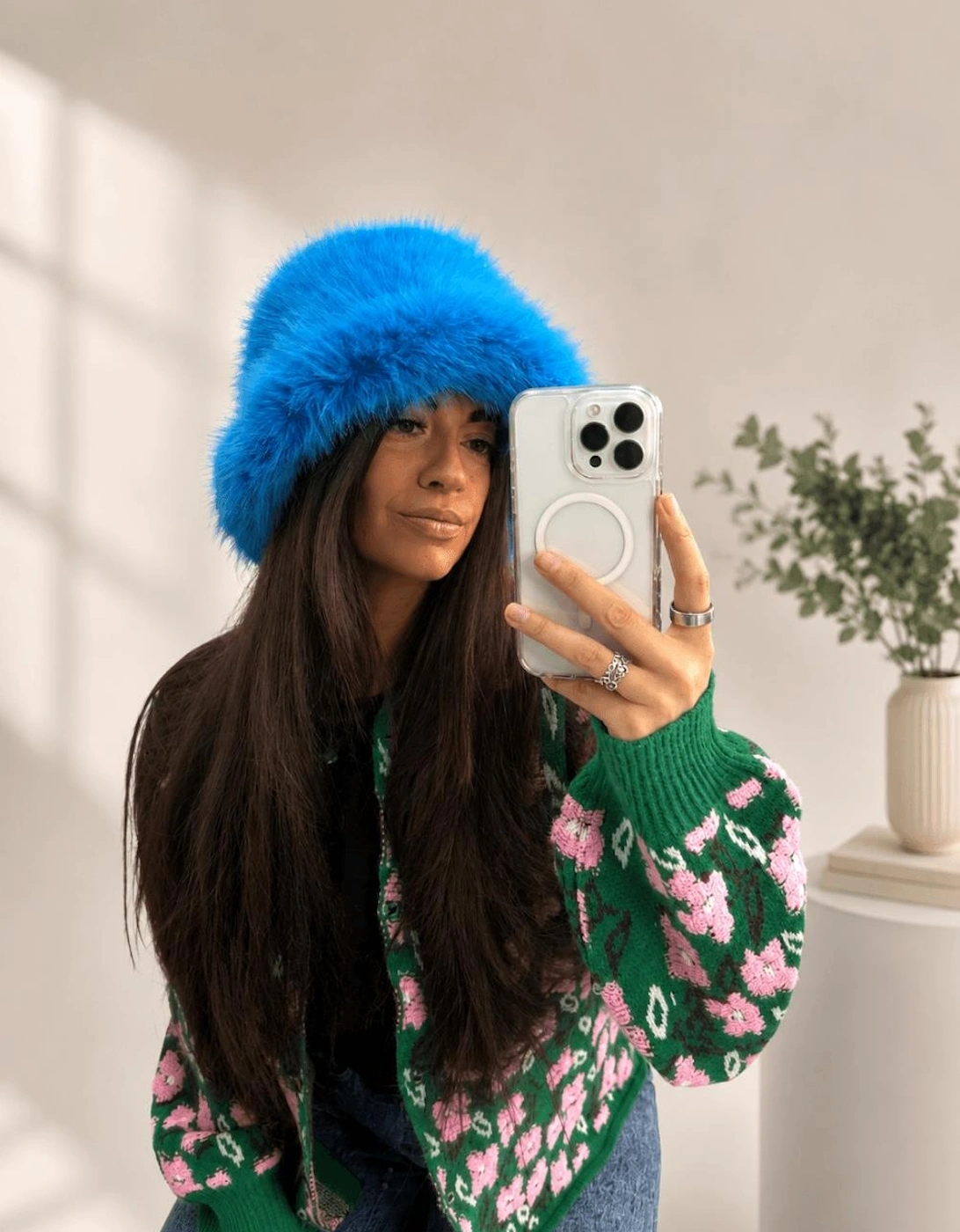 Blue Bamboo Blend Faux Fur Hat