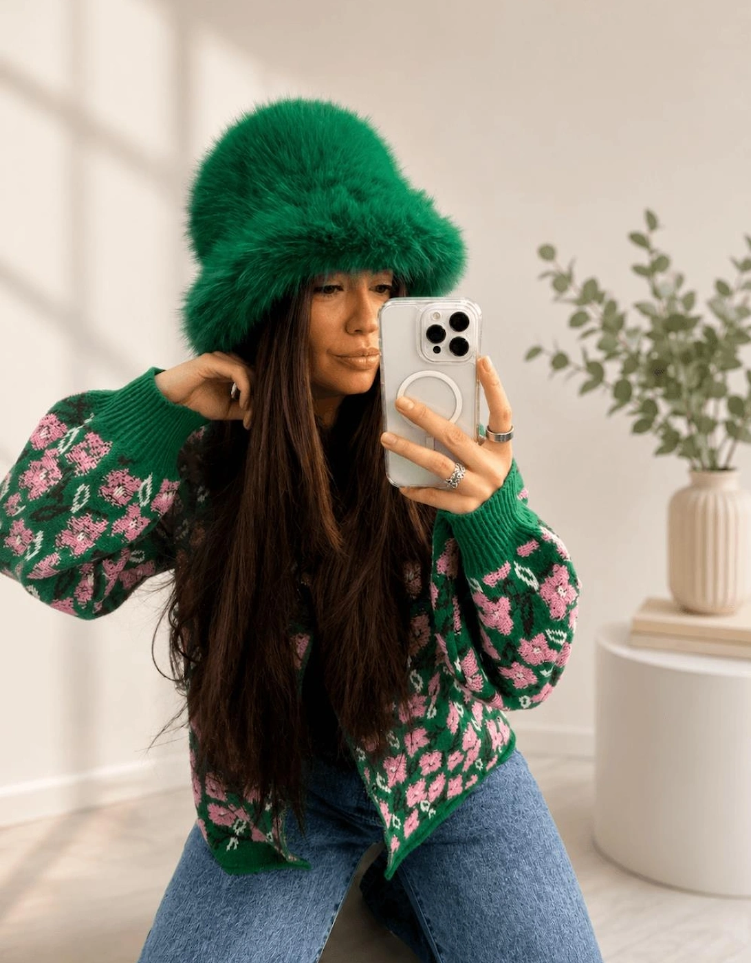 Green Bamboo Blend Faux Fur Hat