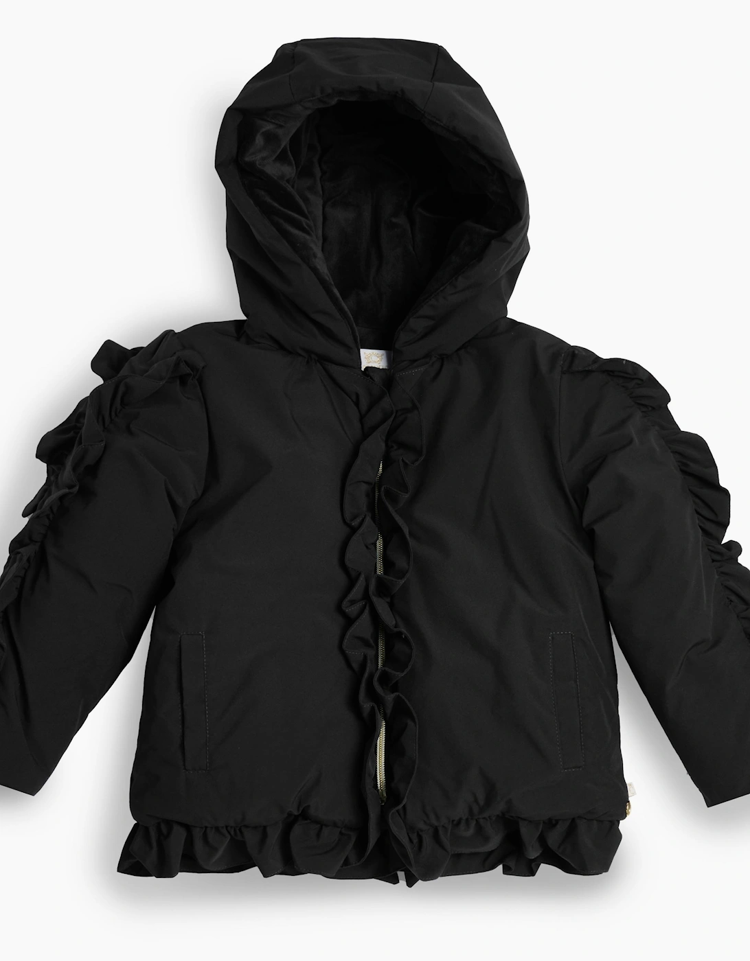 Girls Black Padded Frill Bomber Coat, 7 of 6