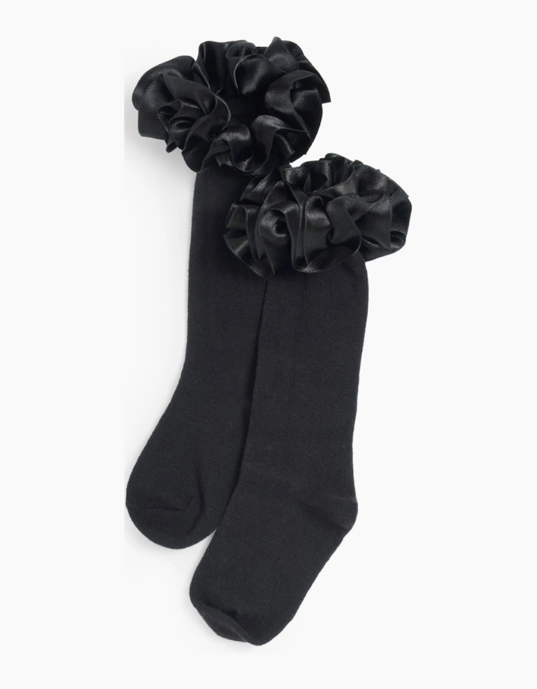Girls Black Ribbon School Knee Socks