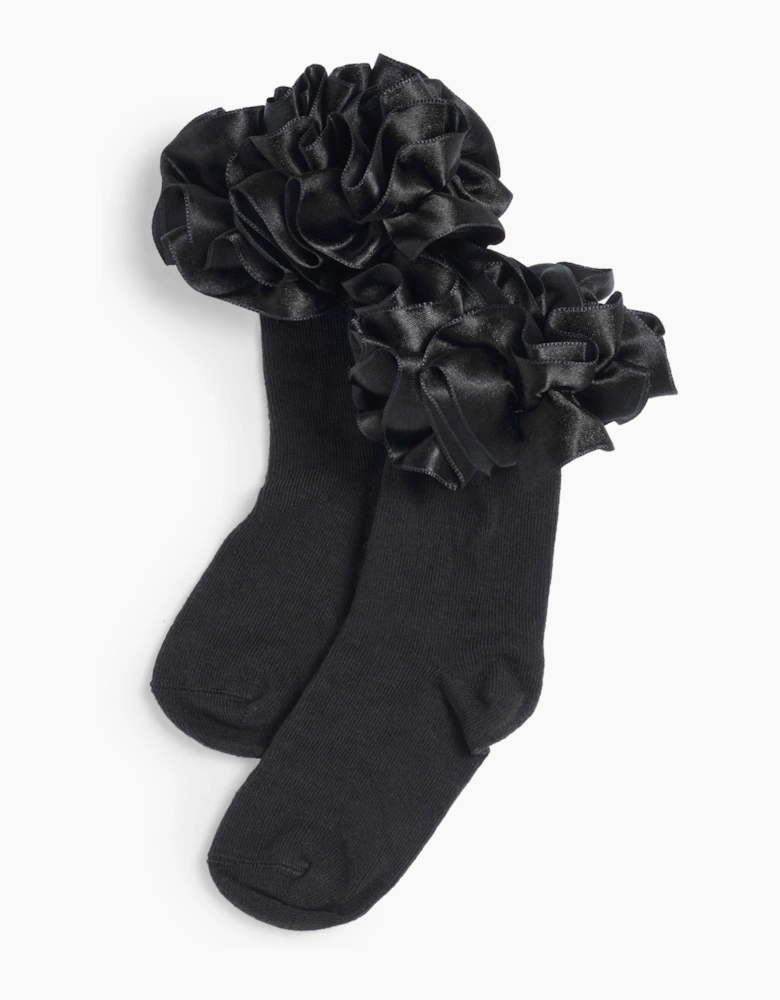 Girls Black Ribbon School Ankle Socks