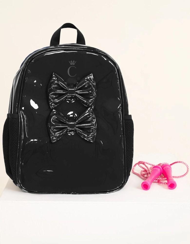 Girls Black Patent Bow School Backpack