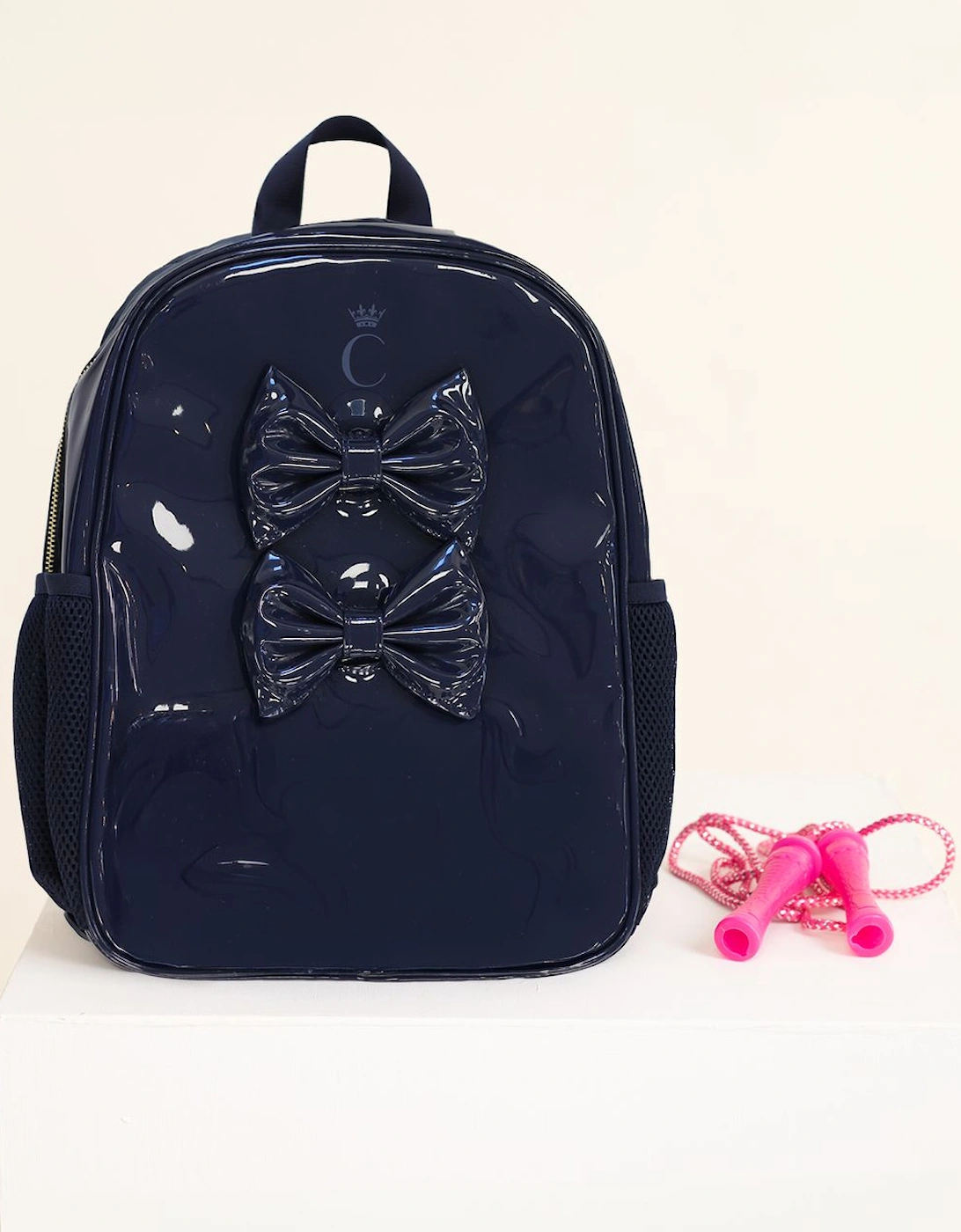 Girls Navy Patent Bow School Backpack