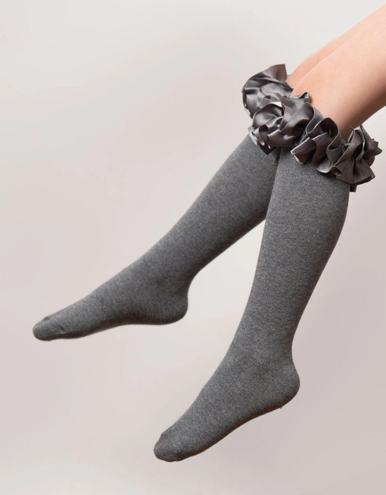 Girls Grey Ribbon School Knee Socks