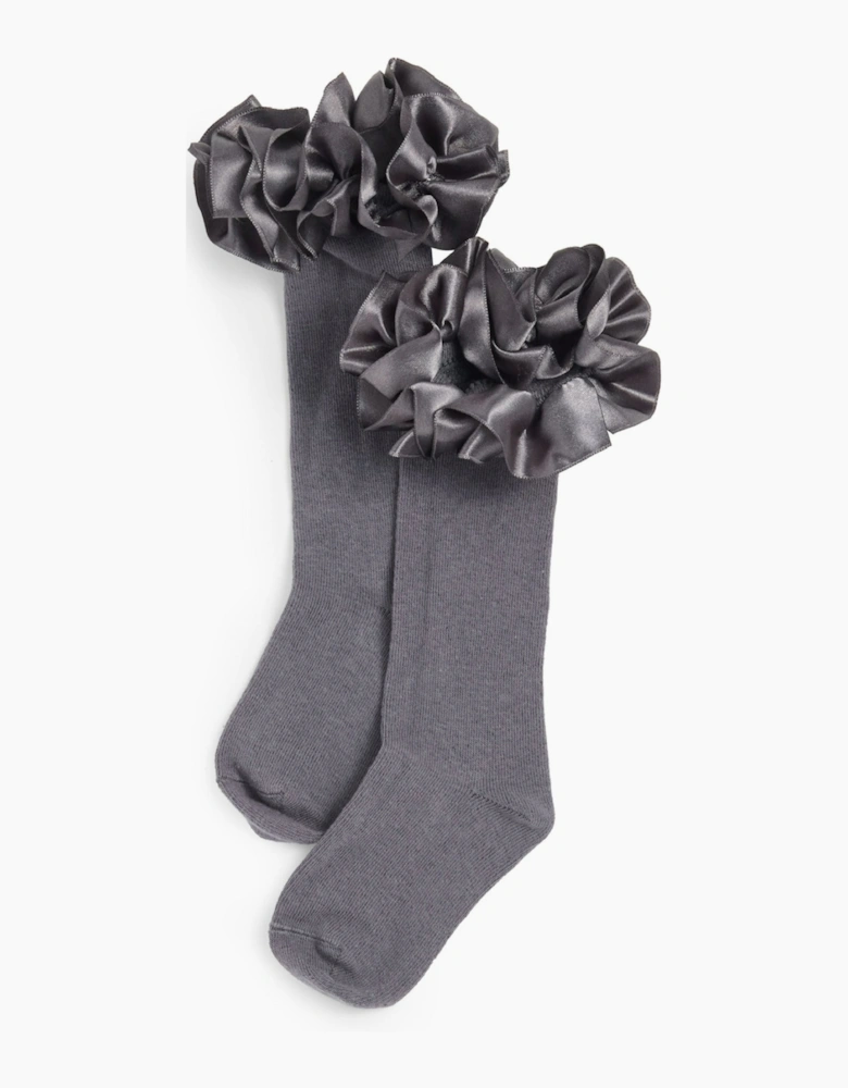 Girls Grey Ribbon School Knee Socks