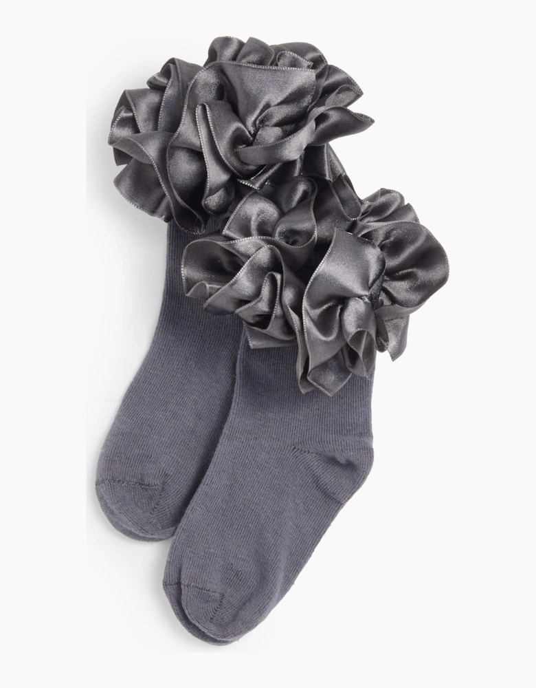 Girls Grey Ribbon School Ankle Socks