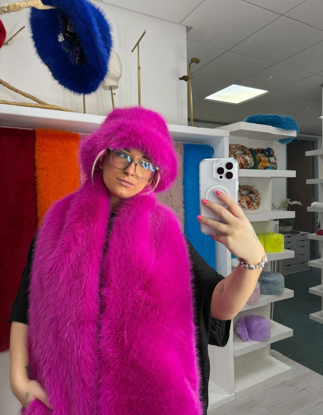 Bright Pink Bamboo Blend Faux Fur Hat