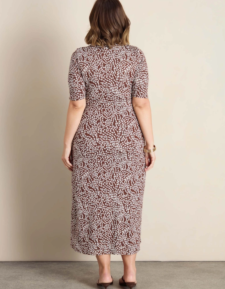 Brown Abstract Print Tie Side Jersey Midaxi Dress