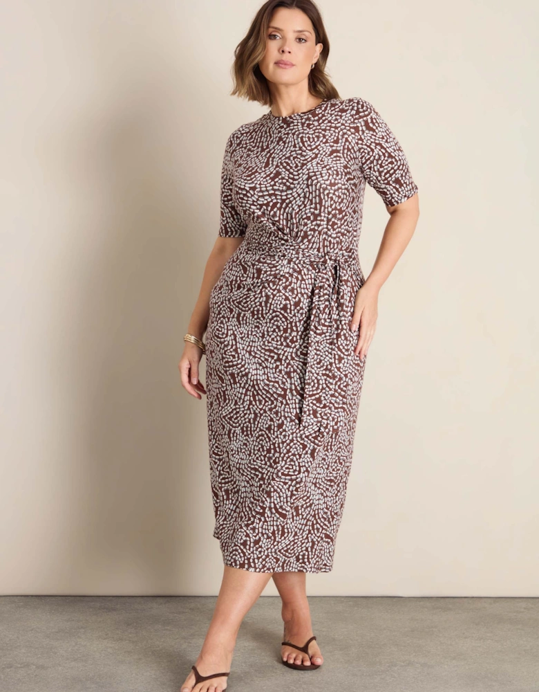 Brown Abstract Print Tie Side Jersey Midaxi Dress