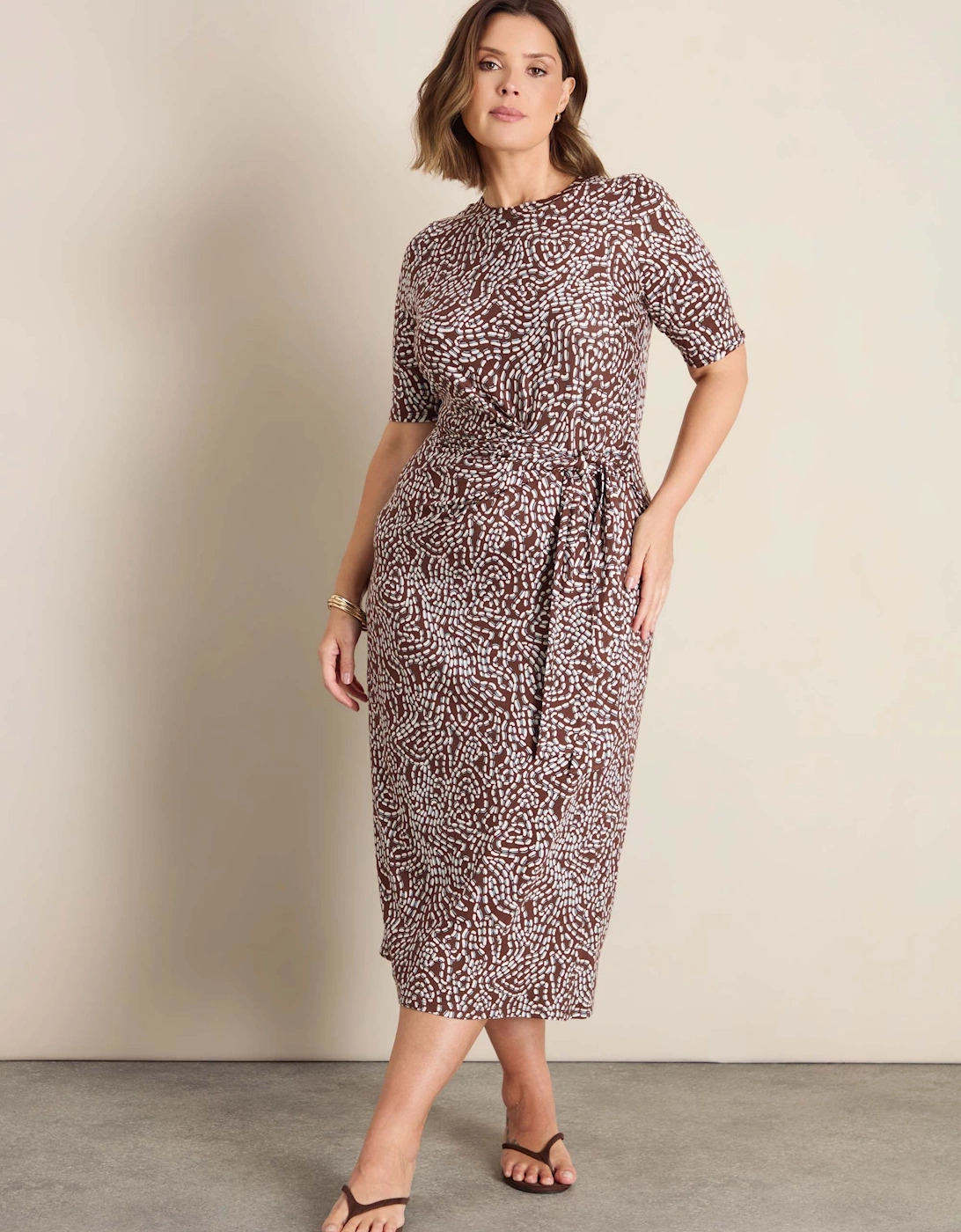 Brown Abstract Print Tie Side Jersey Midaxi Dress