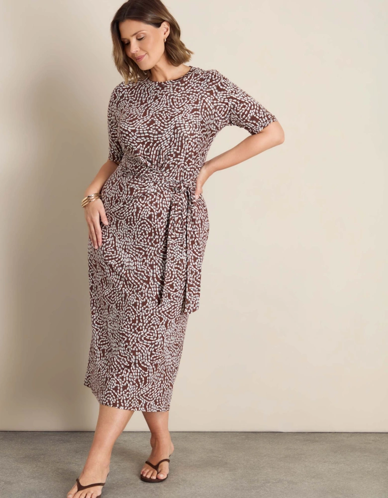 Brown Abstract Print Tie Side Jersey Midaxi Dress