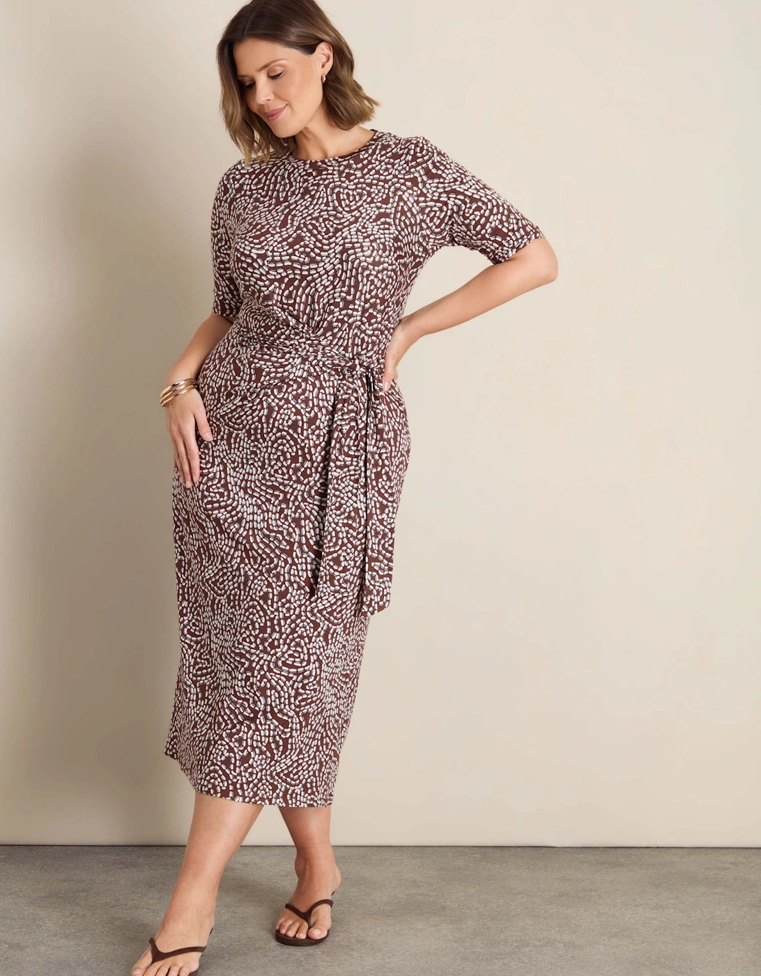 Brown Abstract Print Tie Side Jersey Midaxi Dress