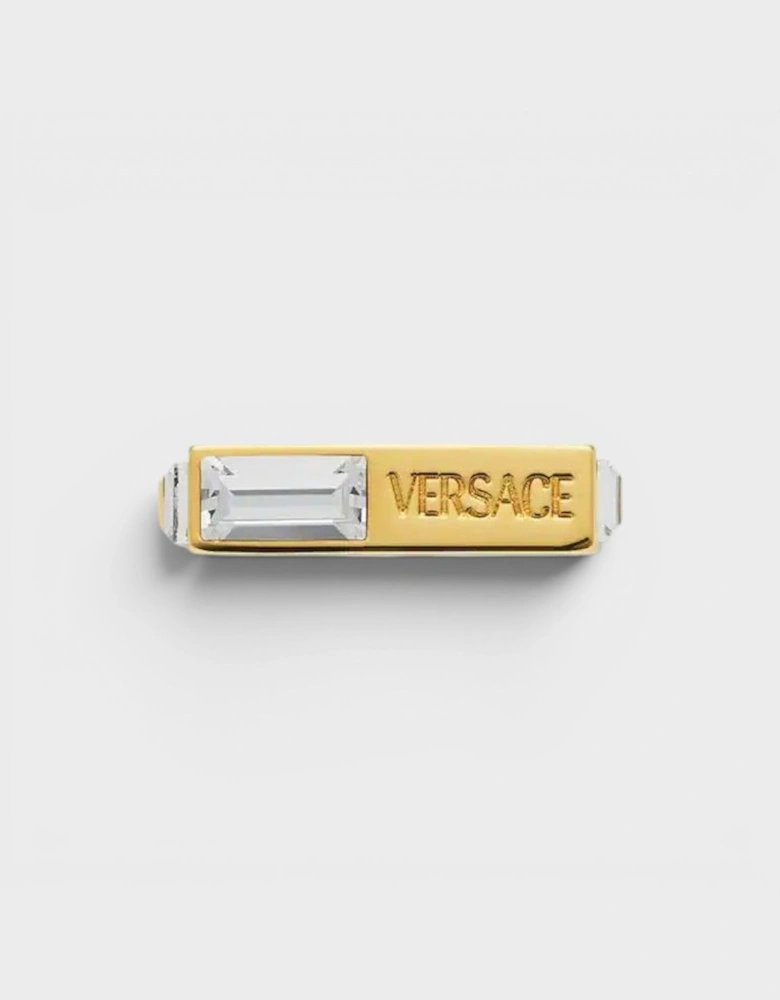 Logo Engraved Crystal Embellished Ring Gold