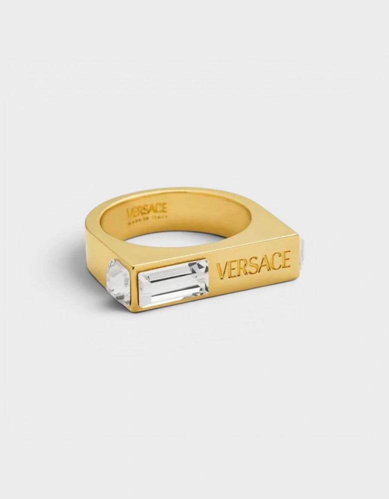 Logo Engraved Crystal Embellished Ring Gold