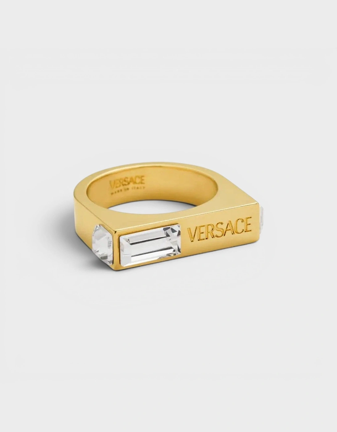 Versace Women's Yellow Logo Engraved Crystal Embellished Ring Gold - Size: 17