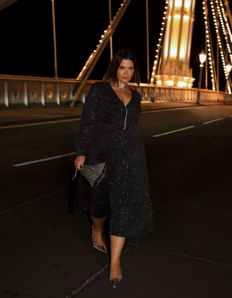 Black Jersey Sparkle Wrap Dress