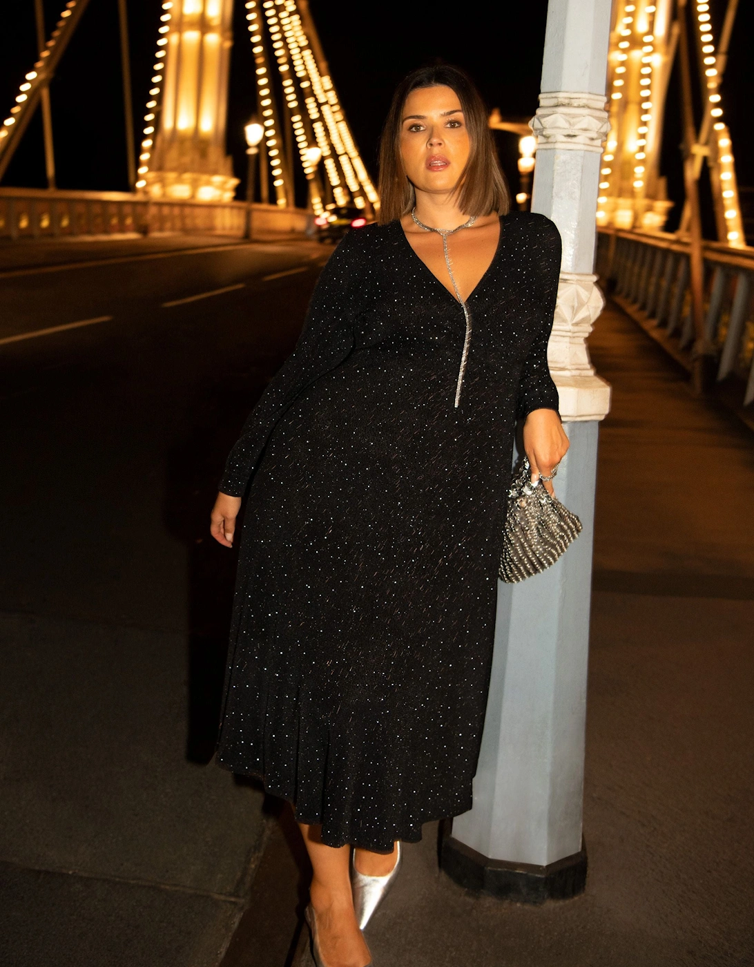 Black Jersey Sparkle Wrap Dress