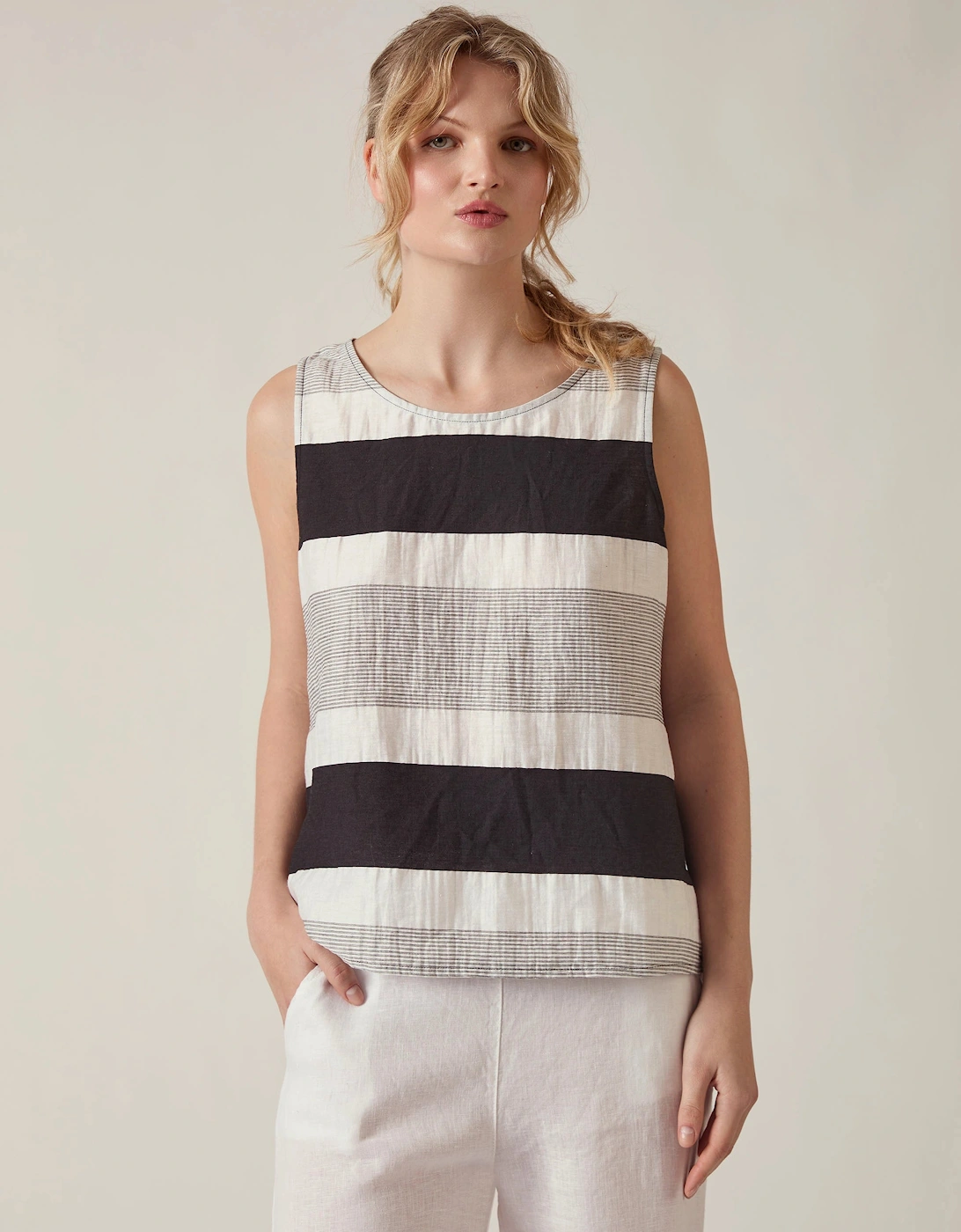 Striped Linen Blend Sleeveless Button-Back Top