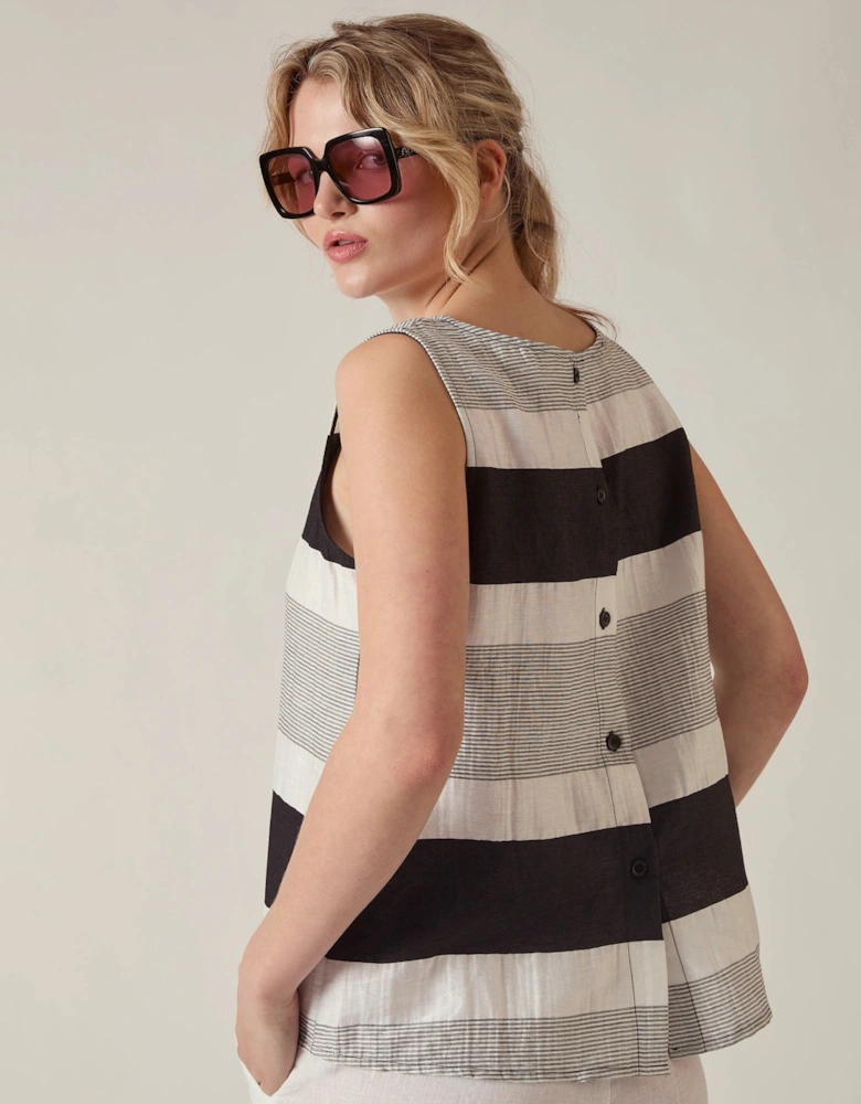 Striped Linen Blend Sleeveless Button-Back Top