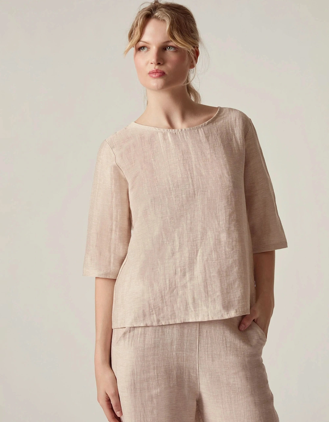 Beige Linen Blend Button-Back Top