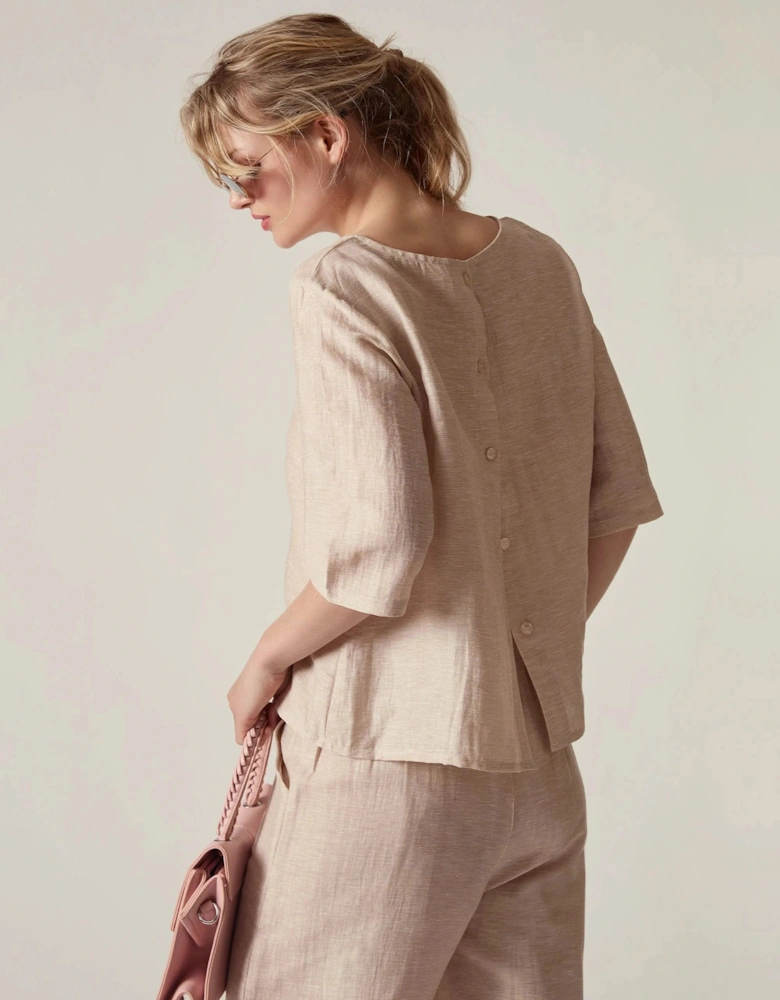 Beige Linen Blend Button-Back Top