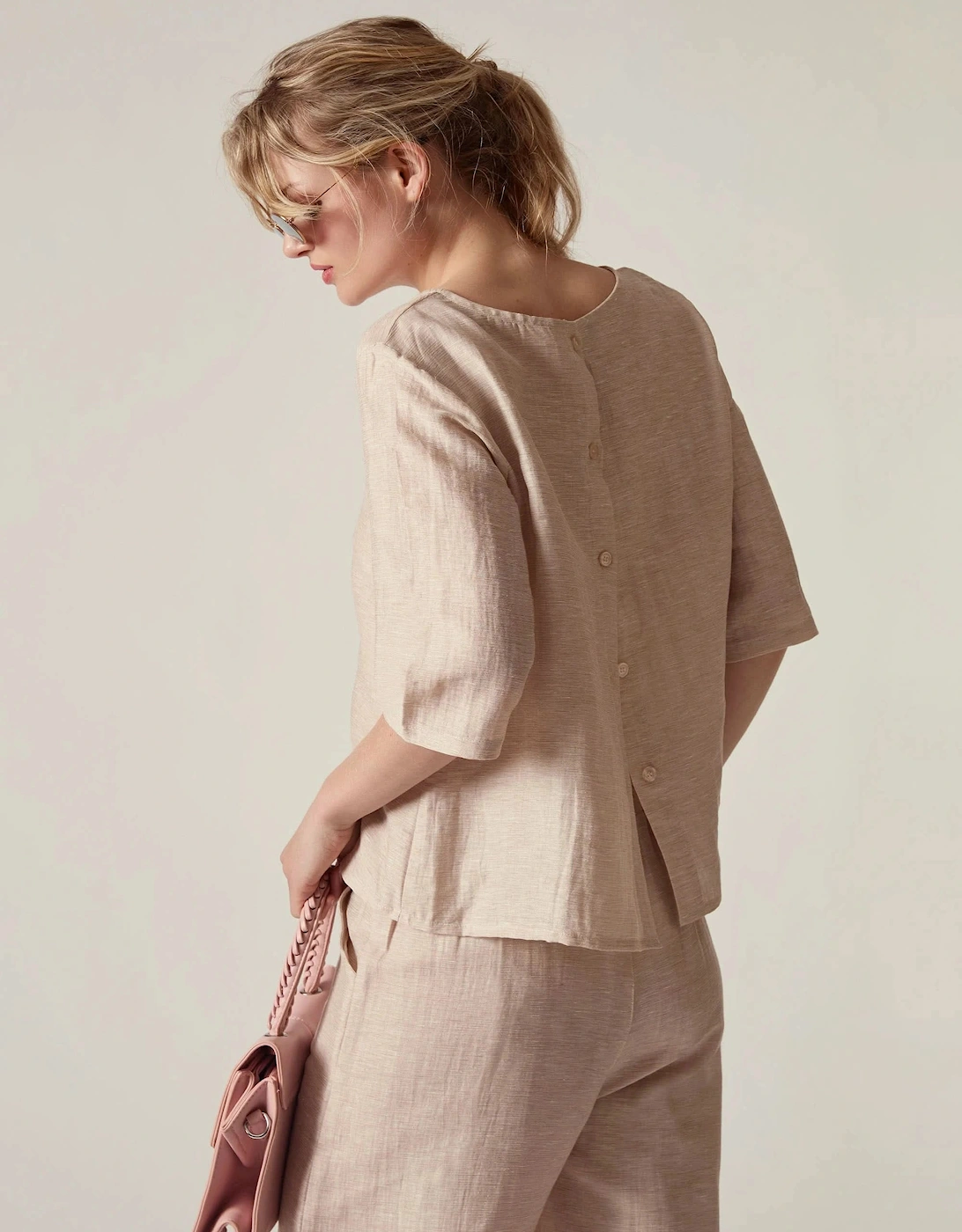 Beige Linen Blend Button-Back Top