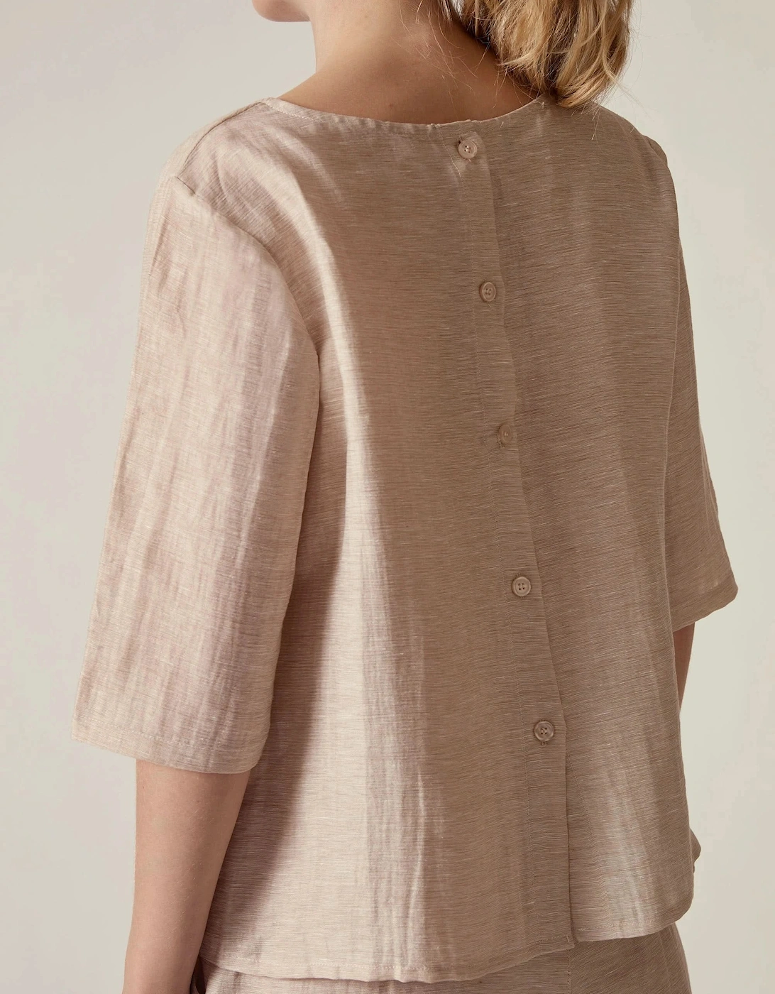 Beige Linen Blend Button-Back Top