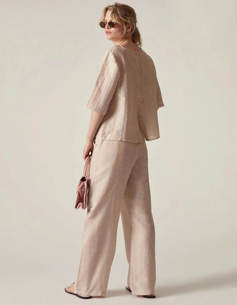 Beige Linen Blend Button-Back Top