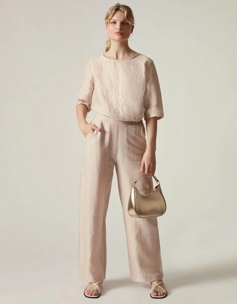 Beige Linen Blend Button-Back Top