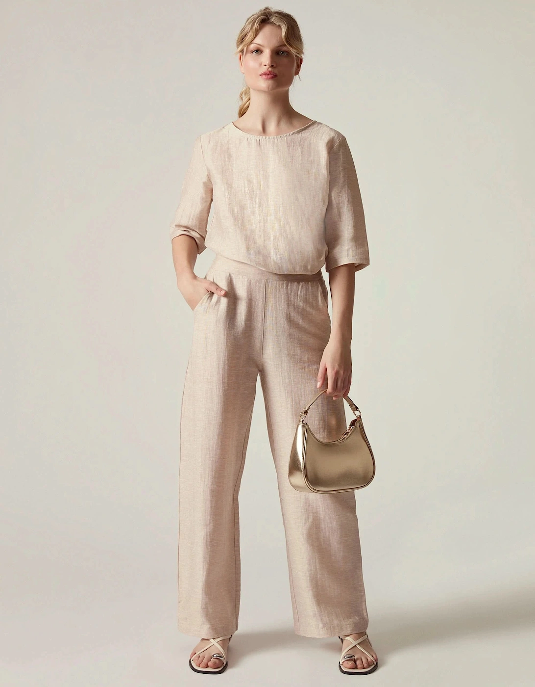 Beige Linen Blend Button-Back Top