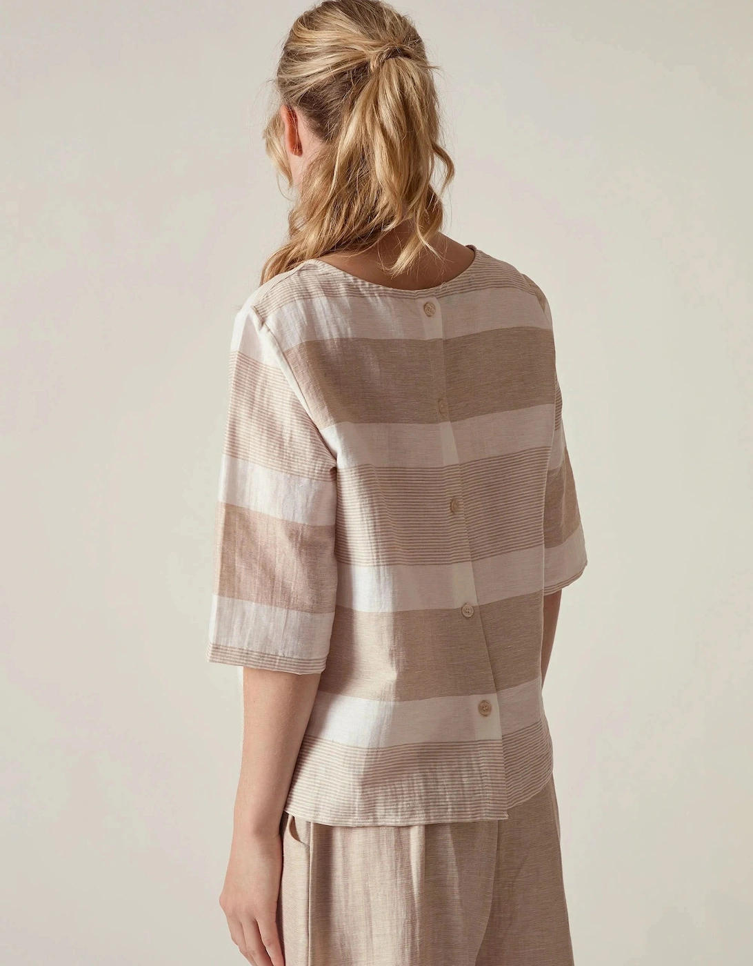 Striped Linen Blend Button-Back Top